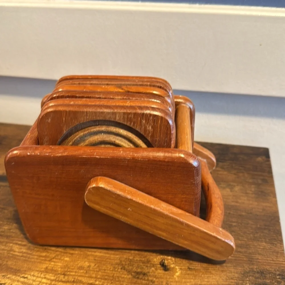 Vintage set of 6 Winsome ART MCM Square Coasters & Rack Teak Wood